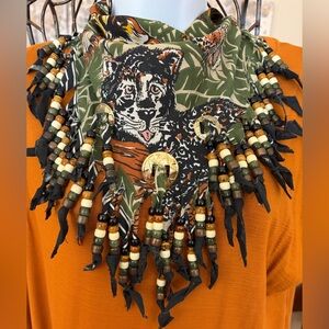Jungle Animals Heavily Beaded Ripped Statement Scarf Necklace Boho Festival
